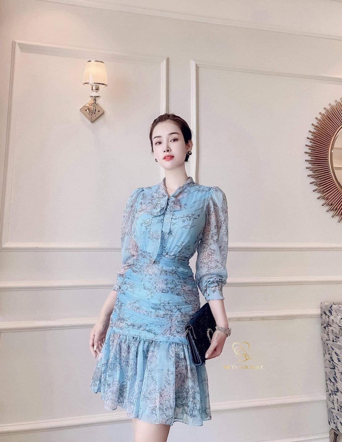 D261 : Đầm voan hoa Hàn Quốc dài tay phồng eo chun xinh đẹp - yishop.com.vn
